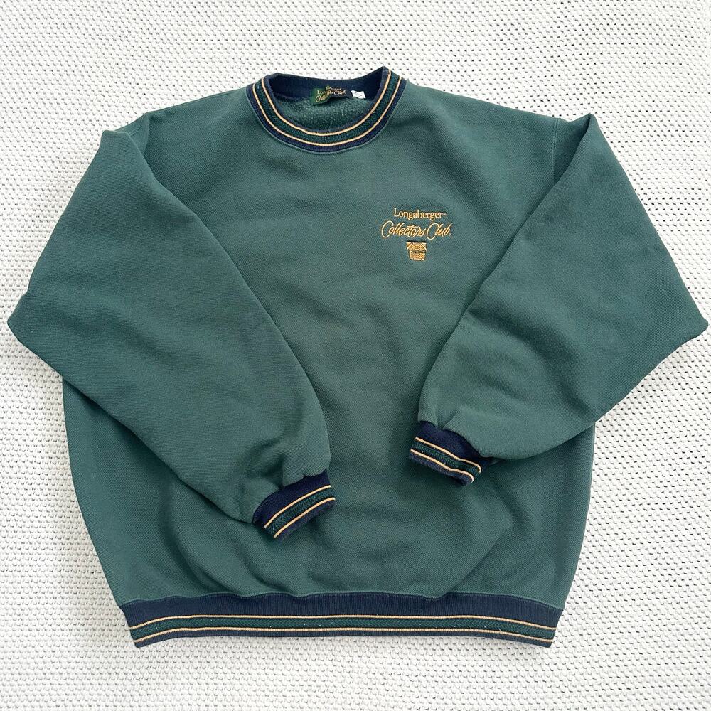 Longaberger Collector's Club Vintage Green Crewneck Stripe Border Sweater XL